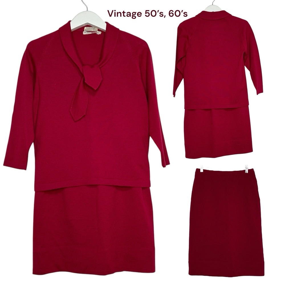 Vintage Abraham & Strauss Red Knit Wool 2 Piece Skirt Set Italian Jackie O Retro